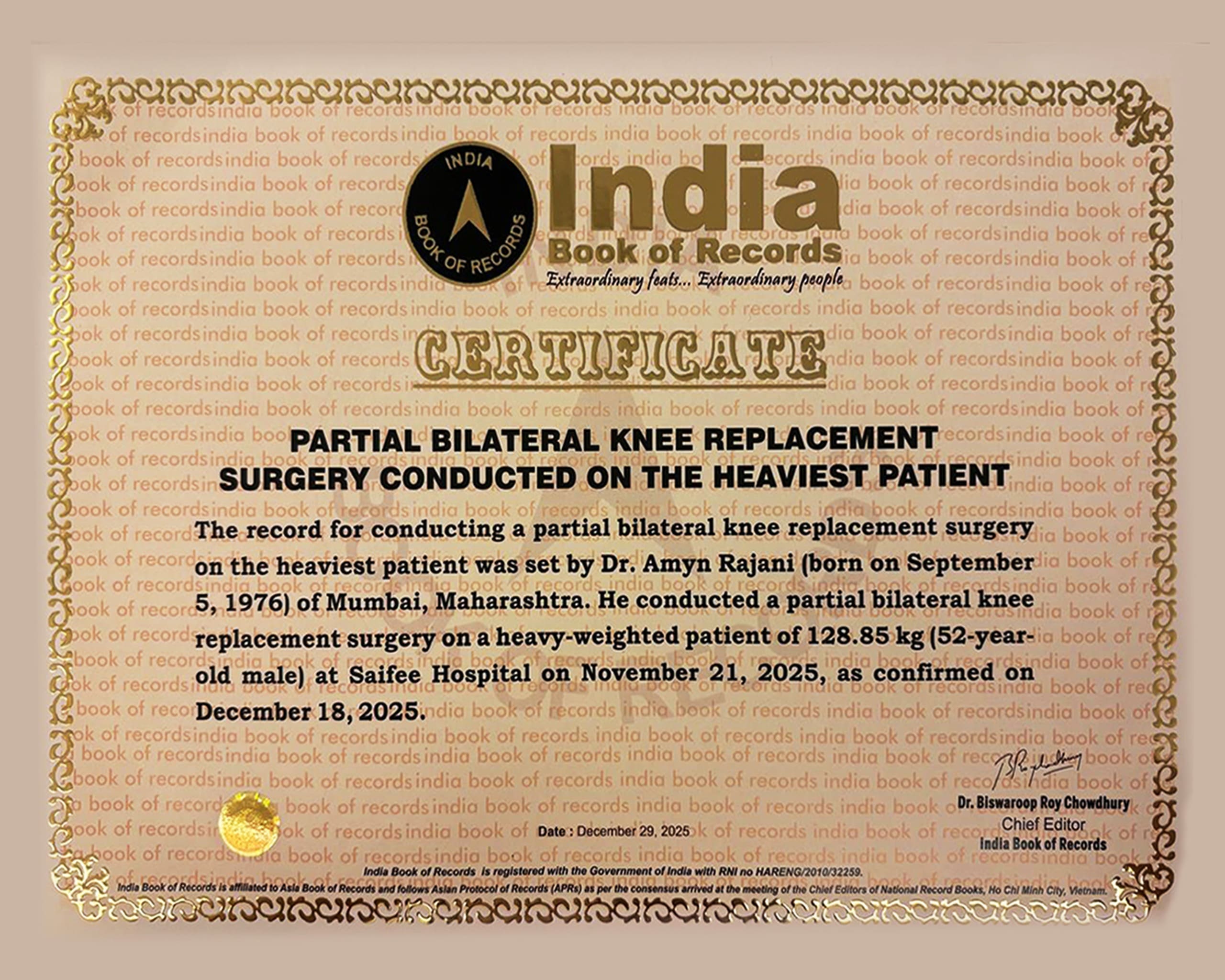 India Book Of Records Certificate Dr. Amyn Rajani Partial Bilateral Knee Replacement Surgery Conducted On The Heaviest Patient
