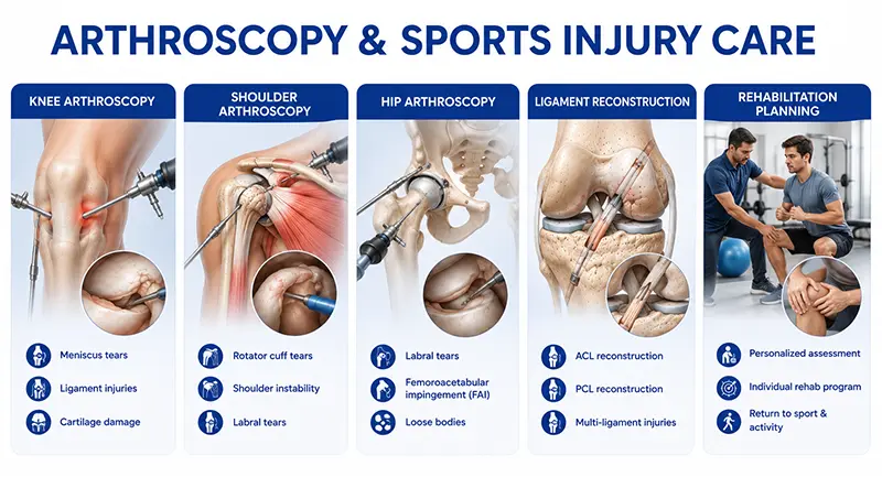 Arthroscopy & Sports Injury Care - Knee arthroscopy, Shoulder arthroscopy, Hip arthroscopy, Ligament reconstruction, Rehabilitate
Arthroscopy & Sports Injury Care - Knee arthroscopy, Shoulder arthroscopy, Hip arthroscopy, Ligament reconstruction, Rehabilitate