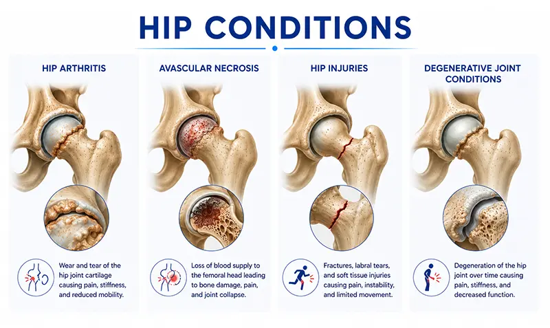 Hip Conditions - Hip arthritis, Avascular necrosis, Hip injuries, Degenerative joint conditions Hip Conditions - Hip arthritis, Avascular necrosis, Hip injuries, Degenerative joint conditions