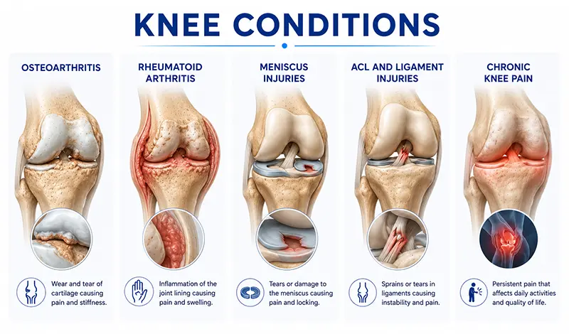 Knee Conditions - Osteoarthritis, Rheumatoid arthritis, Meniscus injuries, ACL and ligament injuries, Chronic knee pain