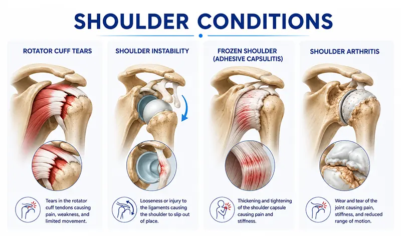Shoulder Conditions - Rotator cuff tears, Shoulder instability, Frozen shoulder (adhesive capsulitis), Shoulder arthritis