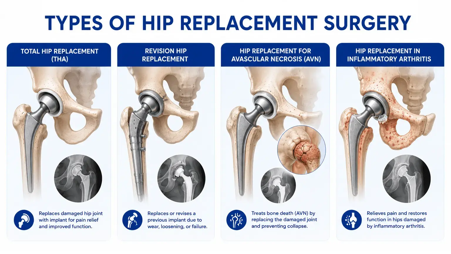 Types of Hip Replacement Surgery - Total Hip Replacement (THA) | Revision Hip Replacement | Hip Replacement for Avascular Necrosis (AVN) | Hip Replacement in Inflammatory Arthritis